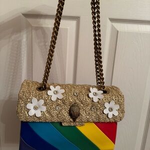 Kurt Geiger Rainbow Stripe Shoulder Bag with Straw Raffia Top and Floral Accents